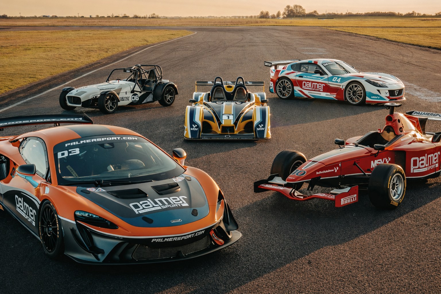 Die Power Cars von PalmerSport im goldenen Abendlicht: McLaren Artura GT4, Formel 3000, Caterham, Ginetta G56 GTA und Formel 4